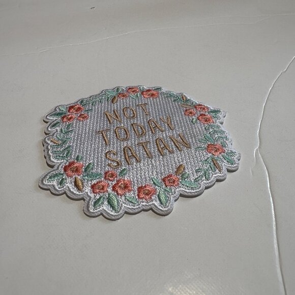 NEW Iron On Patch "NOT TODAY SATAN" Floral Cute Green & Pink - Picture 2 of 6